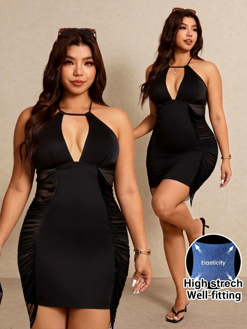 Maxi Dress Halter - レディースプラスサイズ 外出用ホルターネックドレス 深いVカウルネック デートナイト ボディコンミニドレス