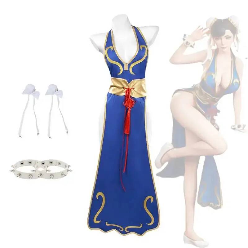 Maxi Dress Halter - 春麗コスプレドレスブルーホルターネックハイスリットチャイナドレス女性セクシーなホルターネックストリートファイターゲーム衣装ハロウィン