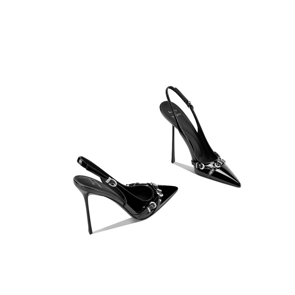 ファッショナブルな黒のポインテッドトゥ細ヒールサンダル レデ - Sandal Strappy Heeled のレビューと価格